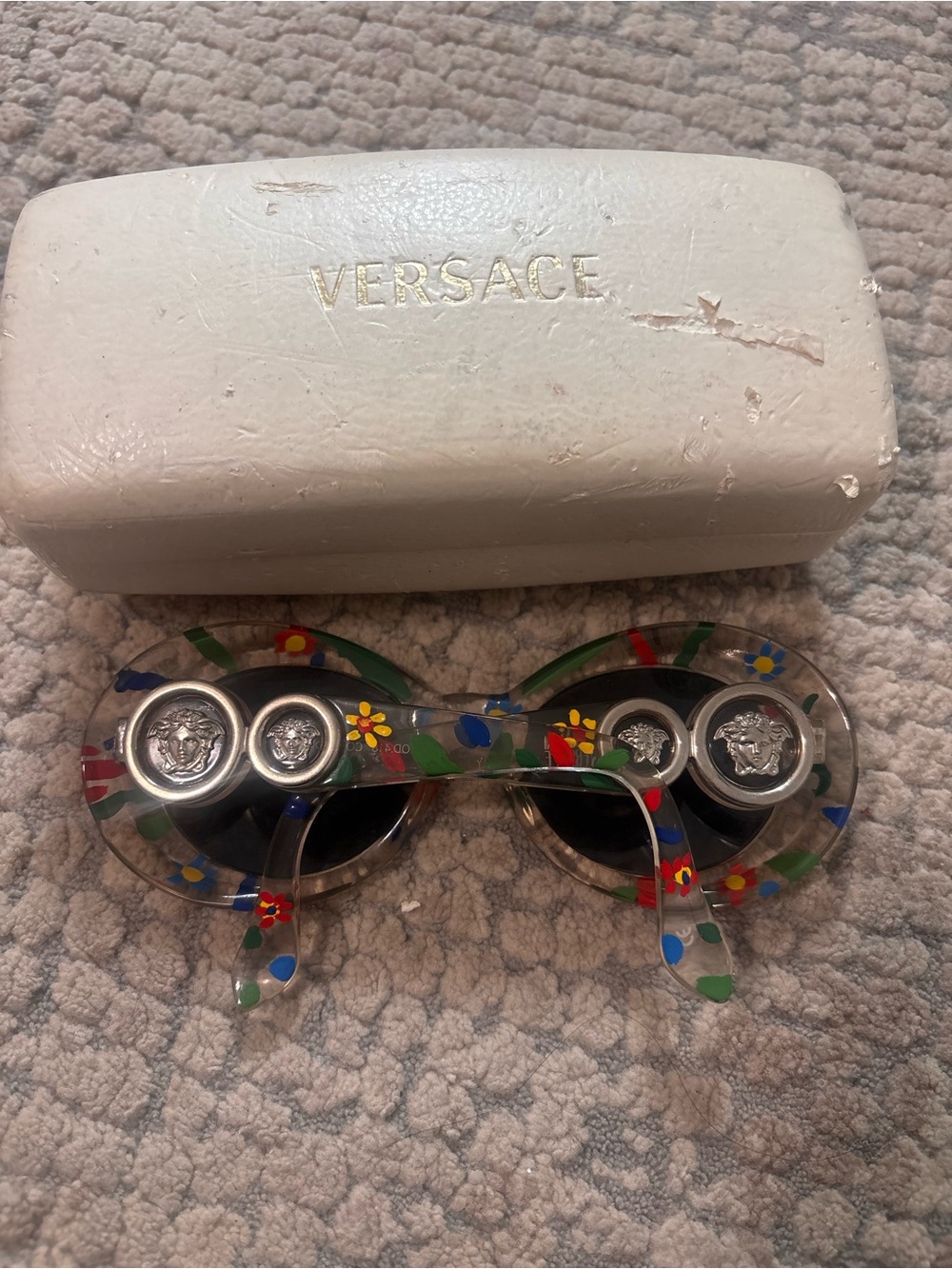 Vintage Versace Clear Round Sunglasses with Multicolor Floral Accents
